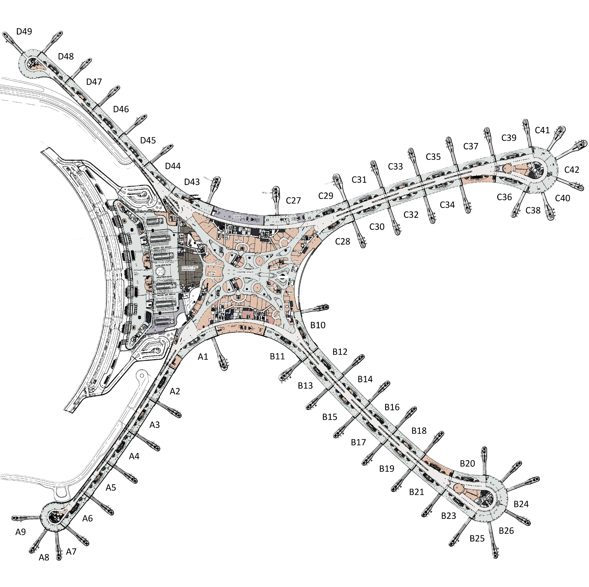 Terminal floorplan with zone boundaries overlaid